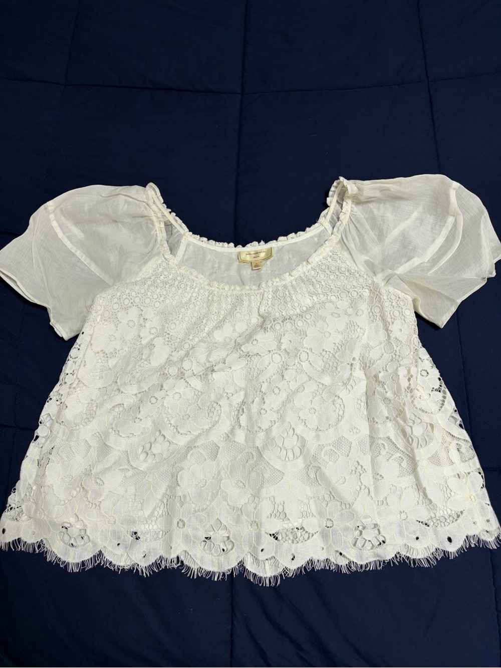 Moulinette Soeurs Ivory Floral Lace Puff-Sleeve Top